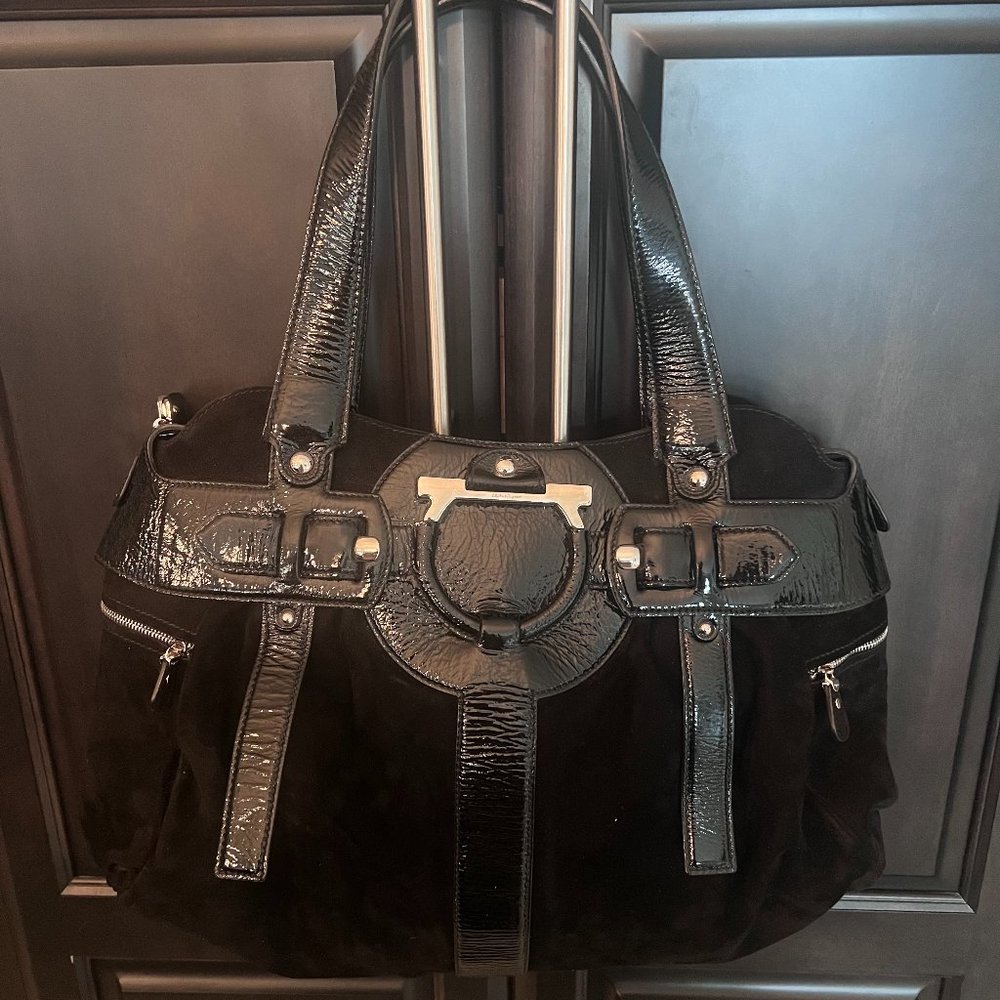 Salvadore Ferragamo Black Suede/Patent Leather Satchel